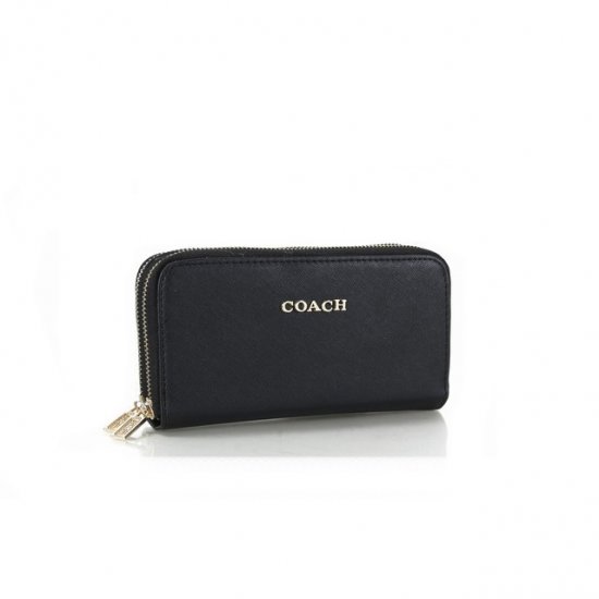 Coach Double Zip In Saffiano Small Black Wallets FFQ - Click Image to Close